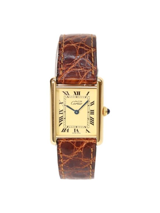 Cartier 925 Must Tank Vermeil LM Ivory Dial Quartz Brown Leather